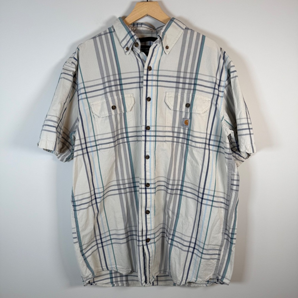 Carhartt Men's Large Tall Loose Fit Plaid Short Sleeve Button Down Shirt Top Tee